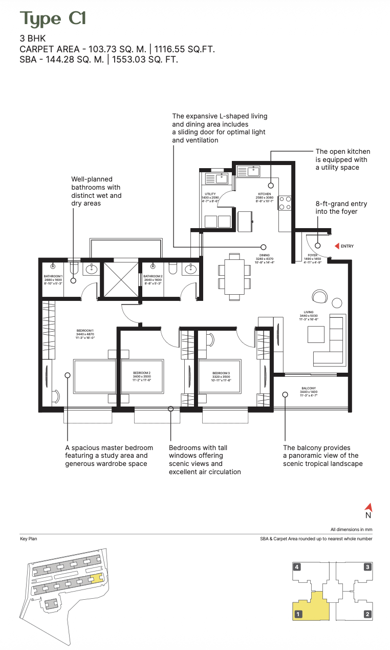 3 BHK (Type C1) Floor Plan